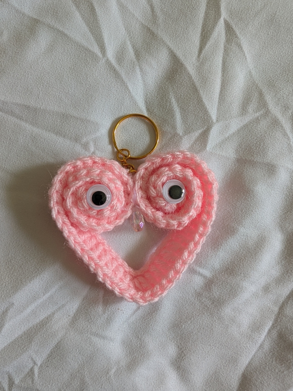 Cute Handmade Crochet Pink Heart Keychain | Googly Eyes